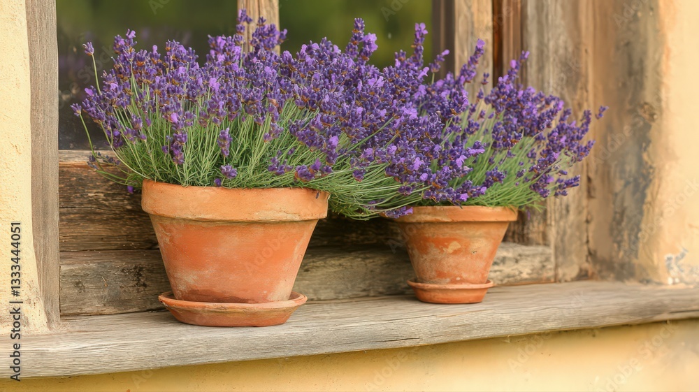 Rustic Windowsill with Two Terracotta Pots of Blooming Lavender
