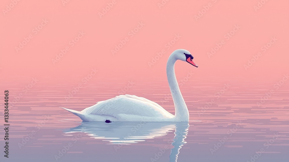 Fototapeta premium Serene White Swan Gliding Gracefully Across Tranquil Water at Sunrise with Pastel Sky