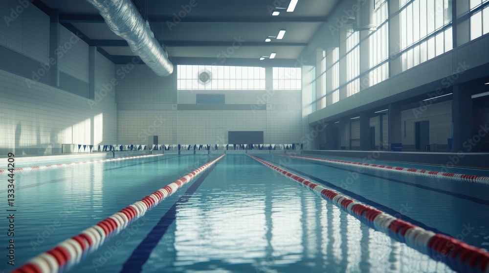 Fototapeta premium Sunlit indoor Olympic-size swimming pool, empty lanes, large windows, modern facility, health