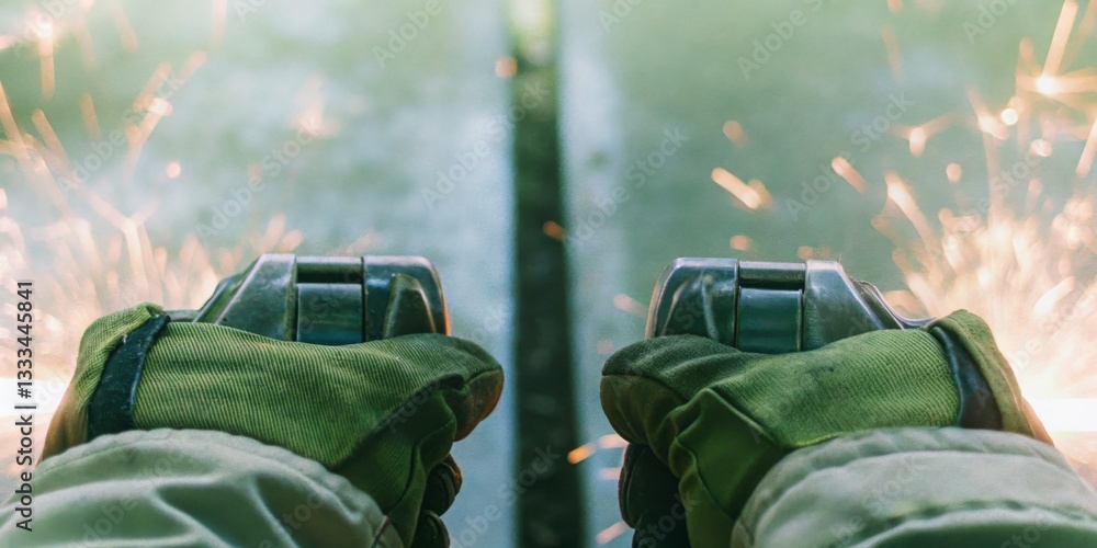 Hands equipped with cutting tool produce sparks while working on metal in workshop during daylight