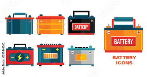 Set illustration of vibrant and colorful battery icons representing different types of batteries. These high-quality vector illustrations are ideal for energy, power storage, and electrical