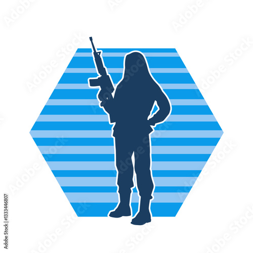 Silhouette of female warrior carrying machine gun weapon. 