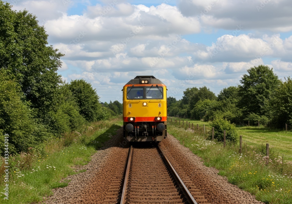 Naklejka premium Approaching Train on Railway Tracks Through Green Countryside Scenery