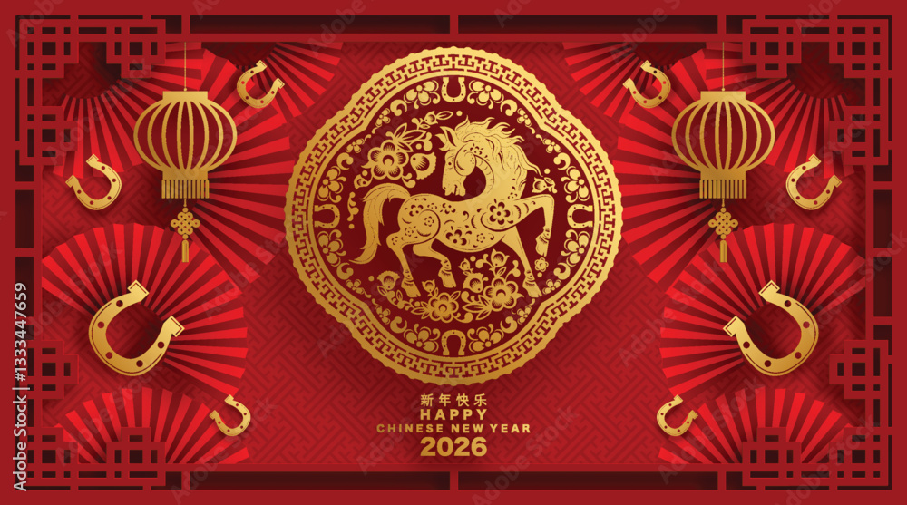 Happy chinese new year 2026 the horse zodiac sign with flower,lantern,asian elements red and gold color paper cut style on color background. ( Translation : happy new year 2026 year of the horse ) Happy chinese new year 2026 the horse zodiac sign with flower,lantern,asian elements red and gold color paper cut style on color background. ( Translation : happy new year 2026 year of the horse )