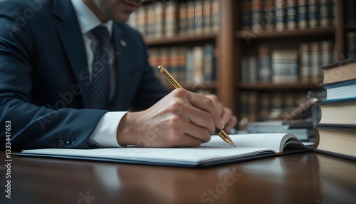 A male lawyer in a dark suit writes with a gold pen on a document, seated at a wooden desk in a library setting with blurred bookshelves in the background.