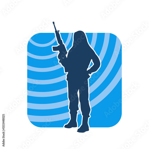 Silhouette of female warrior carrying machine gun weapon. 