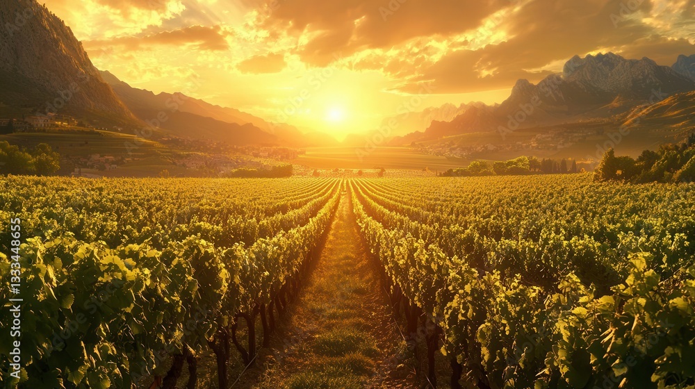 Fototapeta premium Golden Hour Vineyard Sunset Landscape Photography