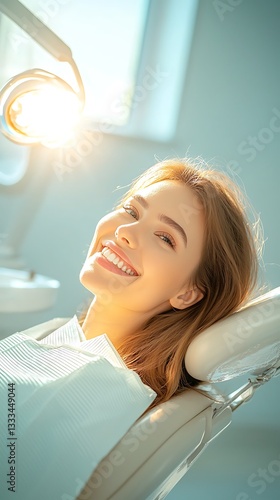 Happy patient for dental checkup, clinic, sunlit.
