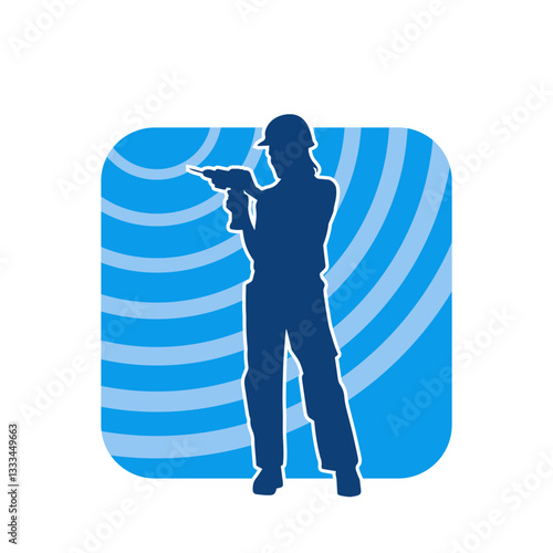 Silhouette of woman in construction worker costume carrying drill power tool. Silhouette of construction worker female in action pose with power tool driller. 