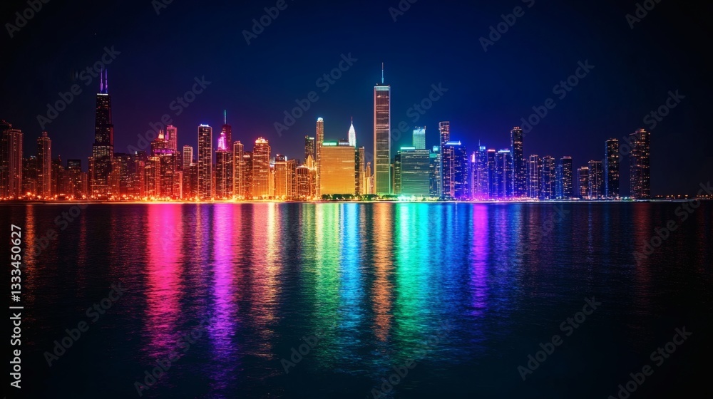 A city skyline illuminated with rainbow lights at night, reflecting in the water below, symbolizing awareness, support, and the beauty of diversity in urban communities A city skyline illuminated with rainbow lights at night, reflecting in the water below, symbolizing awareness, support, and the beauty of diversity in urban communities