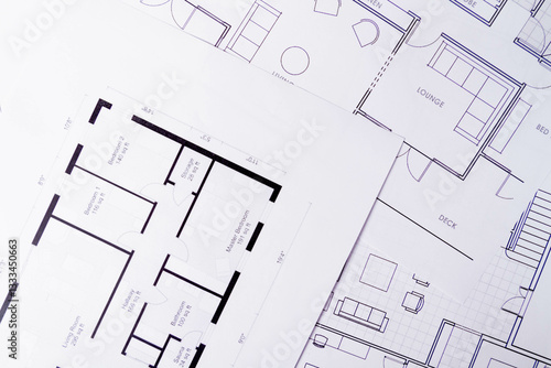 Construction background. House plan on table texture. Working drawings of a house project design..