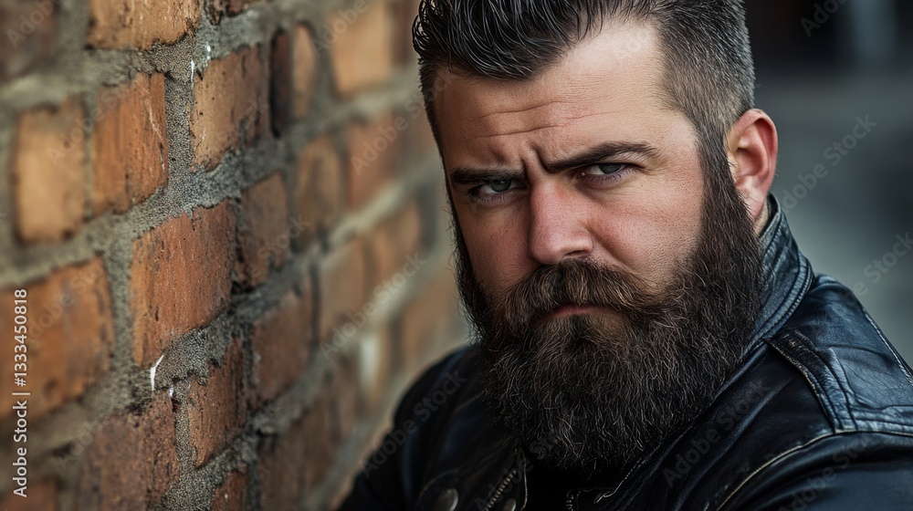 Fototapeta premium Bearded Man Leaning Against Brick Wall Wearing Leather Jacket