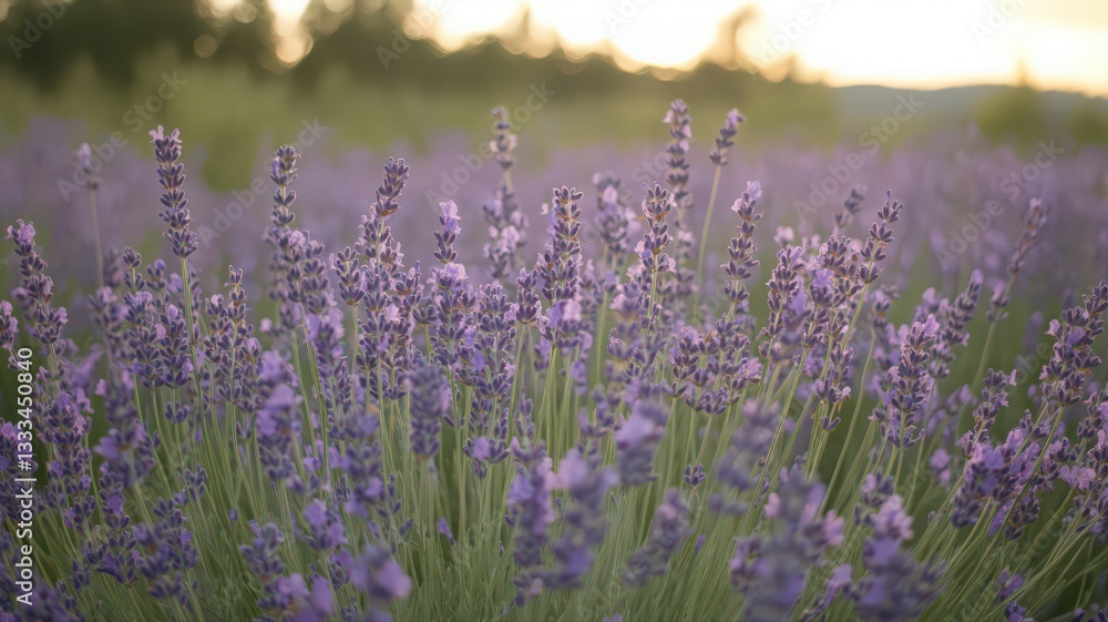 Obraz premium Tranquil Lavender Field at Sunset: Warm Golden Light Illuminates Purple Flowers