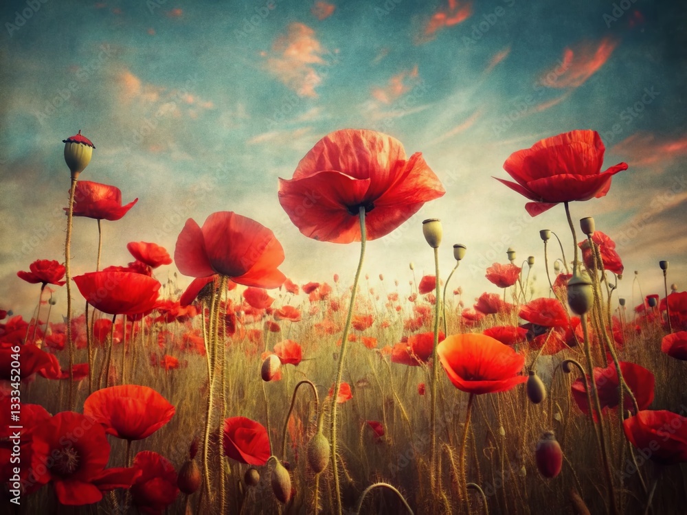 Obraz premium Vintage Red Poppy Blossom Flower Background PNG - Retro Floral Wallpaper