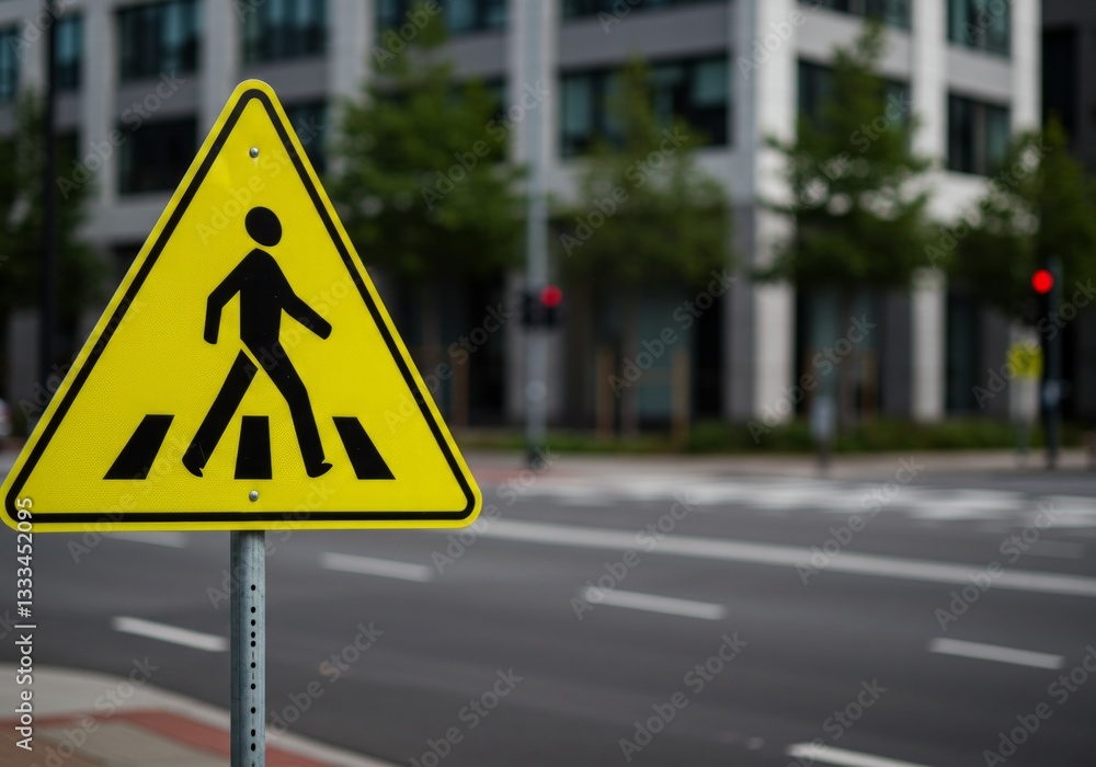 Yellow Crosswalk Sign on City Street Warns Pedestrians of Crossing Area Yellow Crosswalk Sign on City Street Warns Pedestrians of Crossing Area
