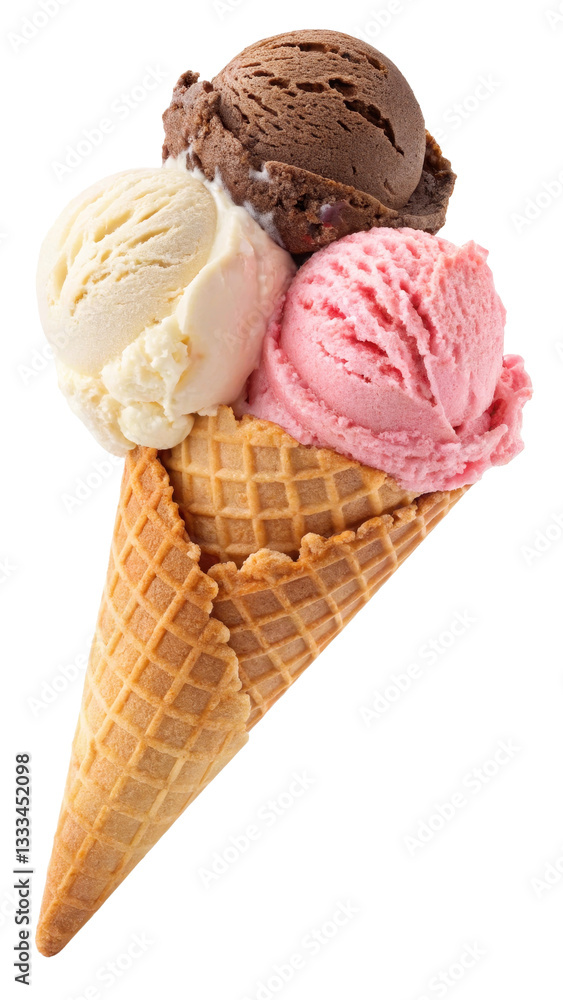Refreshing Neapolitan ice cream in a waffle cone Refreshing Neapolitan ice cream in a waffle cone