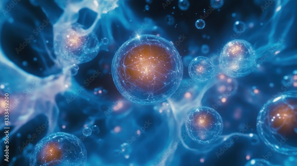 Close-up of tiny blue bubbles forming a delicate network of reflections and light. Close-up of tiny blue bubbles forming a delicate network of reflections and light.