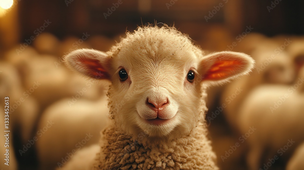 Fototapeta premium Close-Up Portrait of a Fluffy Cream-Colored Lamb in a Barn