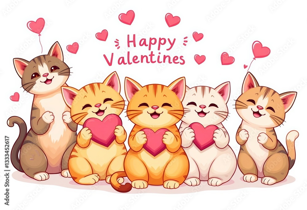 Naklejka premium Adorable cartoon cats in various poses celebrating Valentine's Day Flat color style, isolated on white, paw, design
