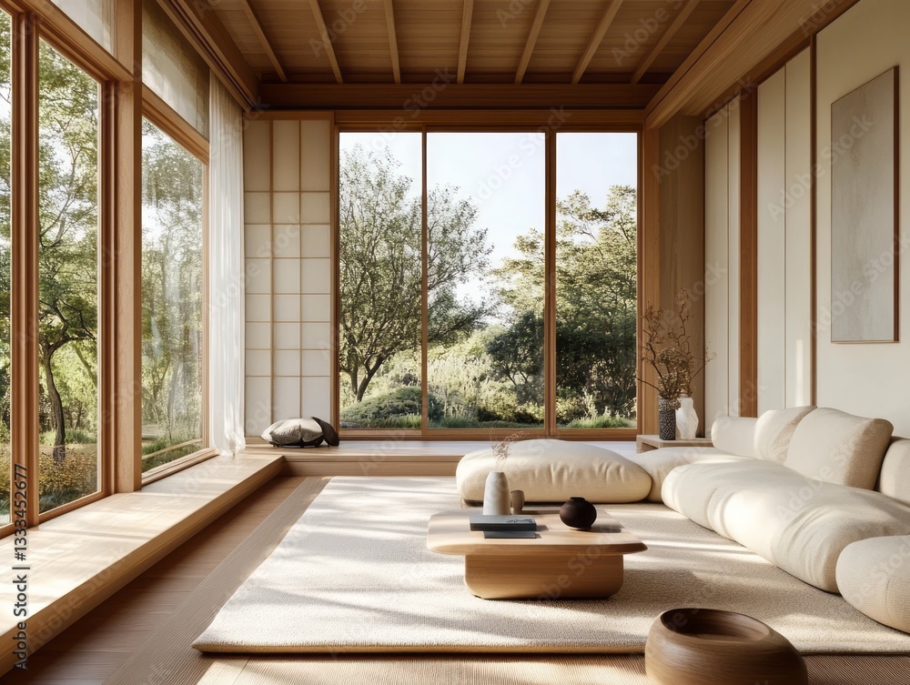 Fototapeta premium A Modern Living Room with Large Windows Overlooking Nature