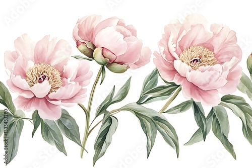 Watercolor Pink Peonies Illustration – Lush Blooming Flowers with Green Leaves