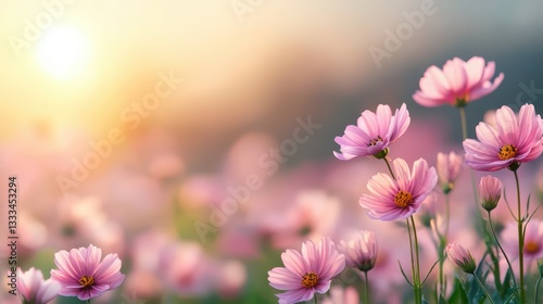 Delicate pink flowers basking in golden sunlight
