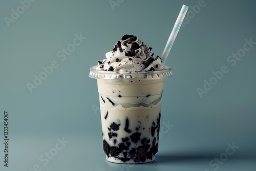 Oreo Milk Smoothie with Cream in Plastic Cup Healthy Drink to Refresh and Cool Down
