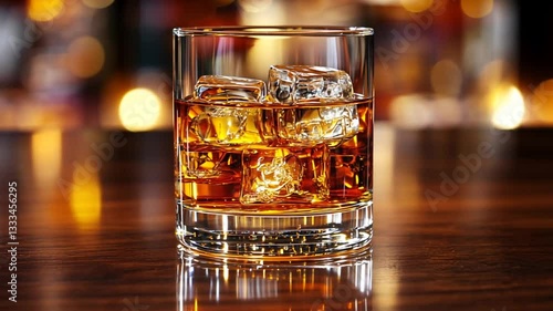 Whiskey with ice in a glass on a bar counter. Background bokeh. Stock photo