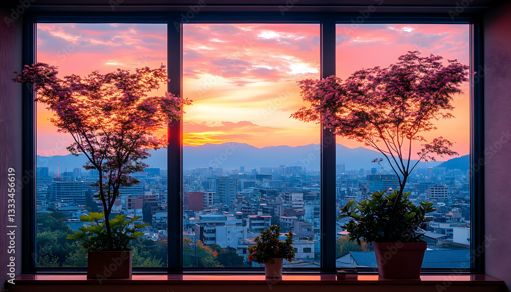 Obraz premium Pink Sunset City View From Window With Plants