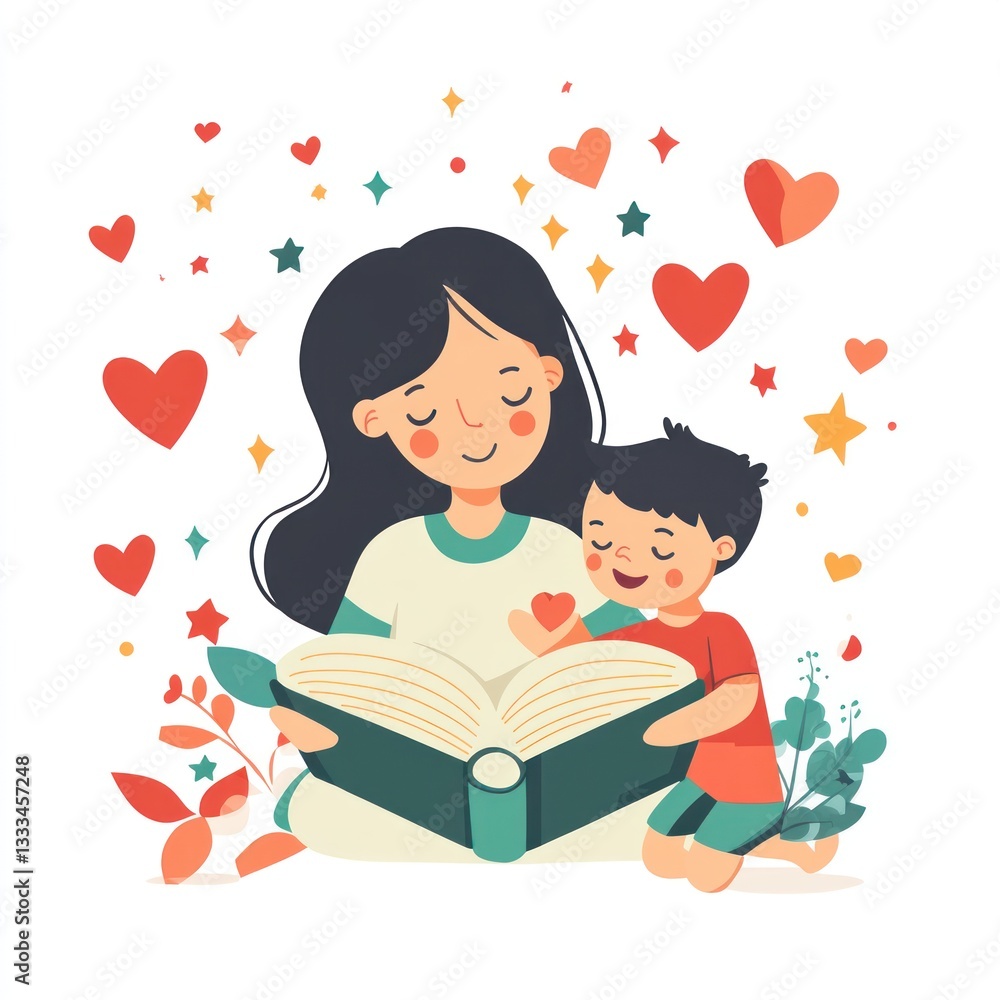 Mother Reading Book with Child in Loving Embrace Illustration Mother Reading Book with Child in Loving Embrace Illustration