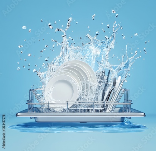 Dishes emerge from dishwasher, water splash, studio shot, cleaning
