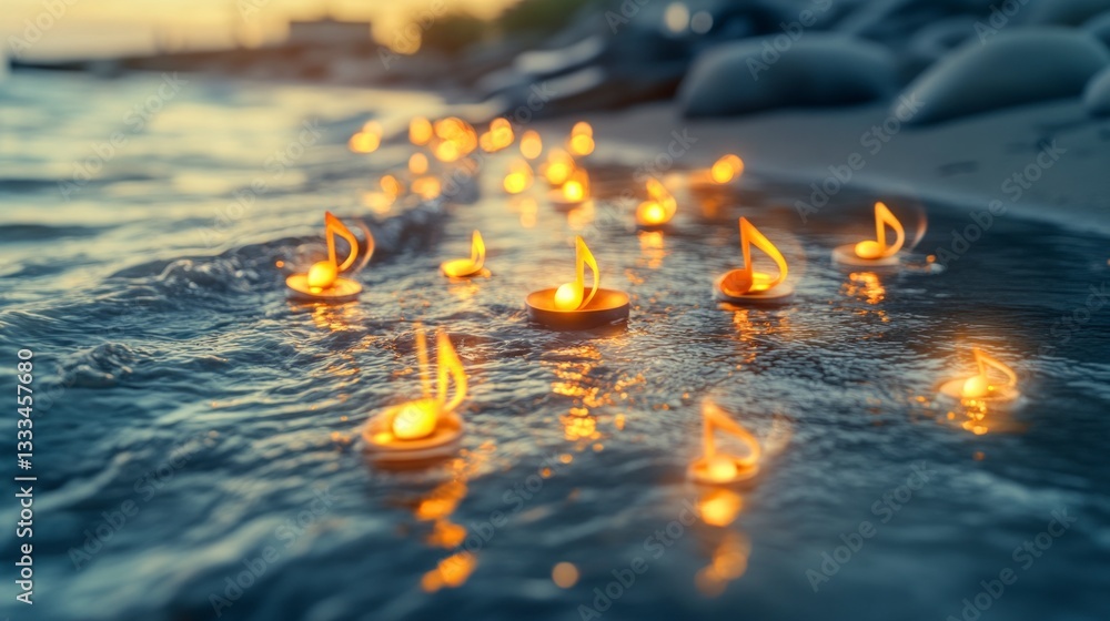 Serene Beach Sunset Glowing Musical Notes Floating on Water Serene Beach Sunset Glowing Musical Notes Floating on Water