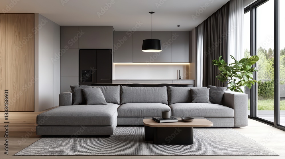 Fototapeta premium Modern minimalist living room with cozy sectional sofa