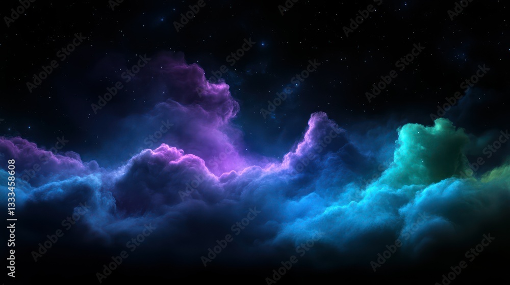 Fototapeta premium Celestial Dreamscape: A breathtaking depiction of celestial clouds, painted in mesmerizing hues of blue, purple, and teal, against a canvas of infinite darkness, suggesting a boundless expanse.