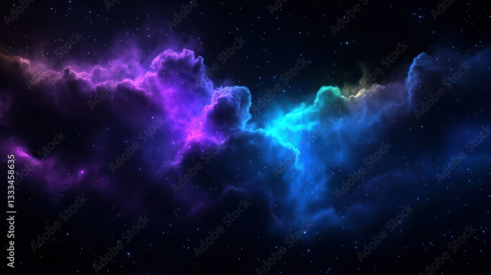 Fototapeta premium Celestial Symphony: A breathtaking panoramic view of a vibrant nebula, painted with stunning hues of purple, blue, and gold, set against a backdrop of a star-studded night sky.