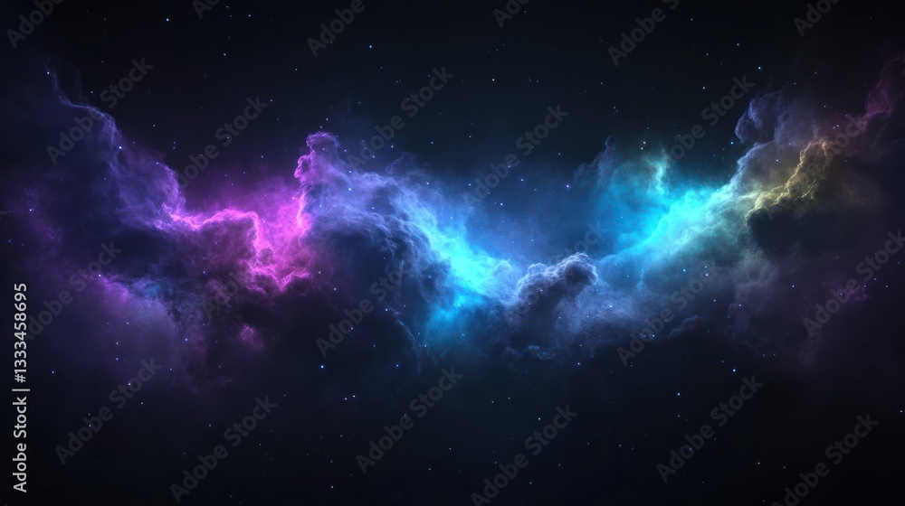 Fototapeta premium Celestial Symphony: A cosmic spectacle of vibrant nebulae, swirling with luminous hues of blue, purple, and gold, against a deep black canvas of the night sky.