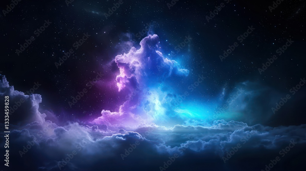 Fototapeta premium Celestial Symphony: A vibrant cosmic scene unfolds, with billowing clouds of iridescent gas and stardust swirling amidst a star-studded sky, creating a breathtaking panorama of the universe