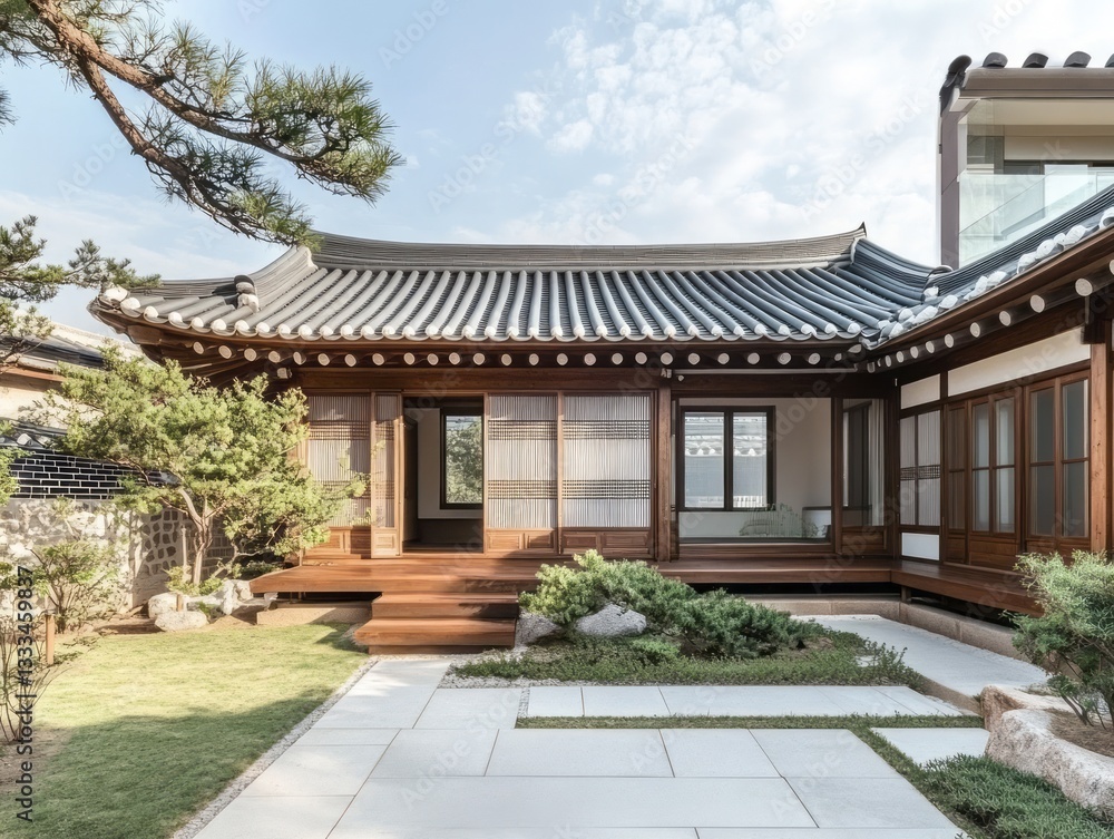 Traditional asian architectural structure with a tiled roof and garden Traditional asian architectural structure with a tiled roof and garden