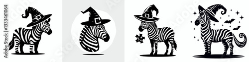 Zebra wear witch hat in halloween vector graphic simple minimalist silhouette doodle a spooky striped Halloween design