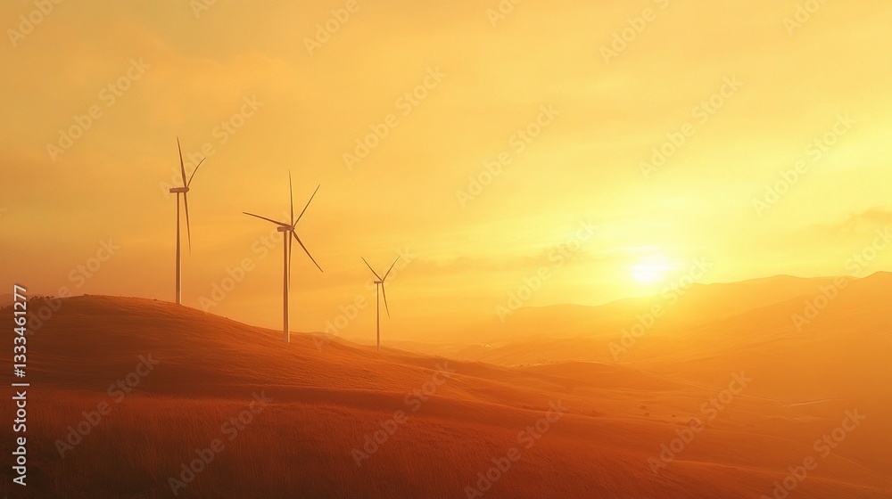 Obraz premium Picturesque Wind Farm on Rolling Hills at Sunset with Blades Turning