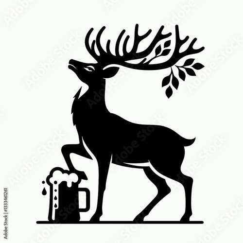 Deer drink beer vector outline drawing a jovial stag enjoying a frosty pint at a woodland pub