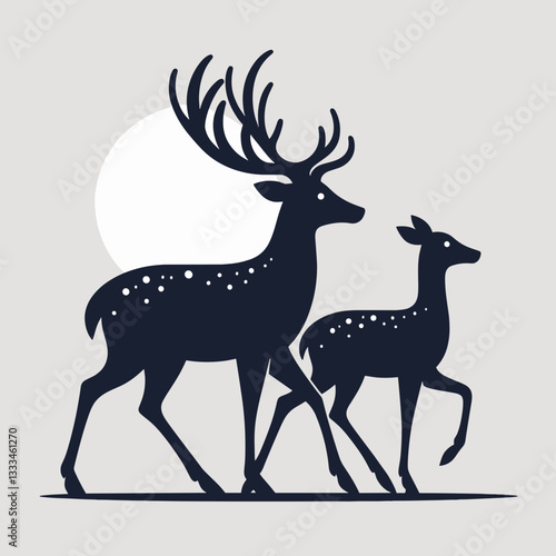 Deer Walking Hand in Hand minimalist silhouette graphic depicting a serene forest scene with two graceful animals.