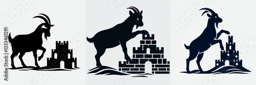 Goat building a sandcastle minimalist vector drawing shows a playful goat architect creating a tiny seaside fortress.
