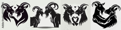 Goat Holding each other's faces for a kiss minimalist vector drawing shows affection and love between two goats