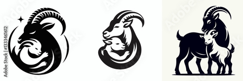 Goat hugging vector outline drawing depicts a heartwarming embrace between goat and human a simple monochrome minimalist graphic