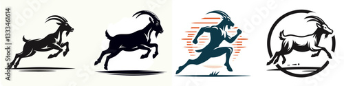 Goat jogging vector outline drawing shows a spirited mountain goat running a marathon