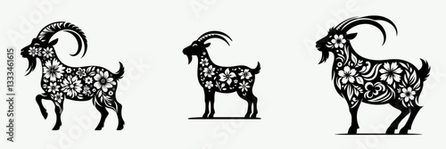 Goat incorporating flowers minimalist vector graphic simple drawing depicts a playful kid amongst blooming flora