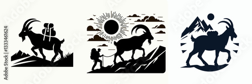 Goat hiking vector silhouette drawing depicts a mountain climbing herd