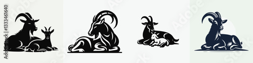 Goat Lying Down on stomach Together vector outline drawing depicts restful ruminants a peaceful scene