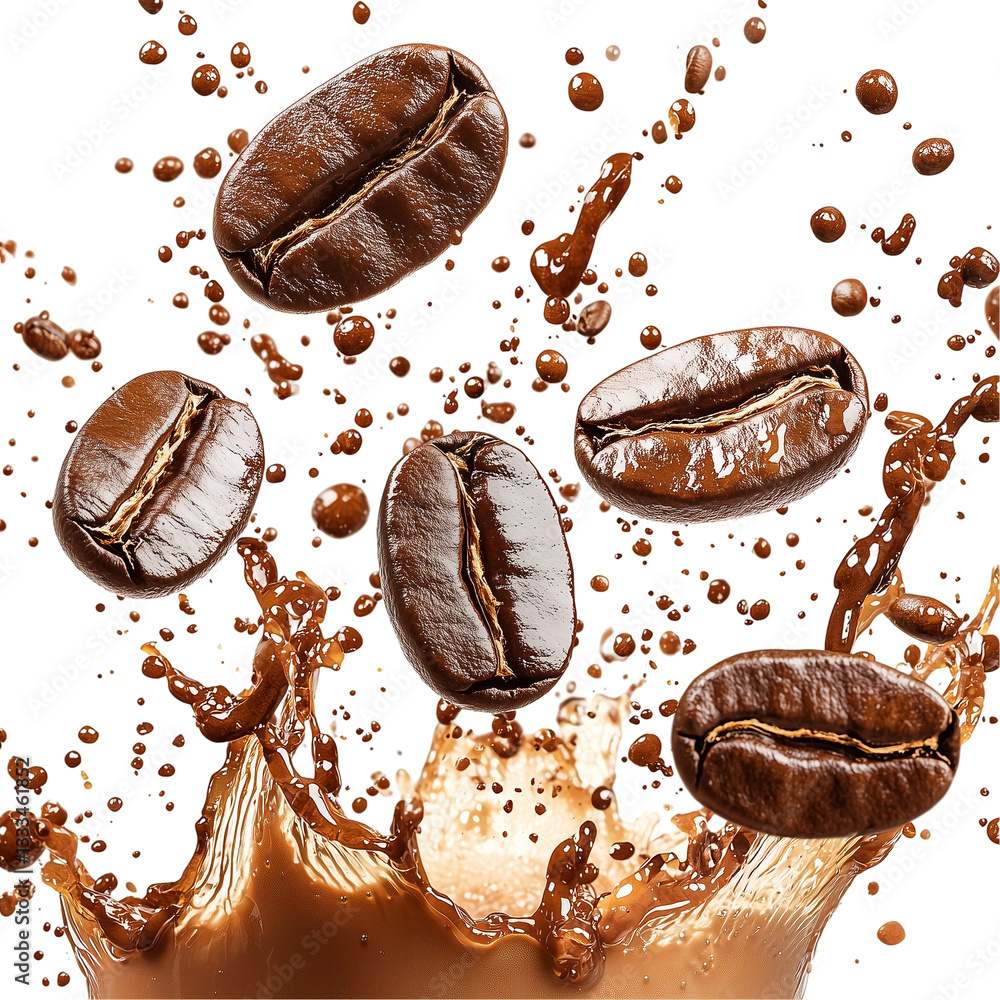 Roasted Coffee Beans Splashed in Rich Coffee, Aromatic Drink Isolated on transparent background Roasted Coffee Beans Splashed in Rich Coffee, Aromatic Drink Isolated on transparent background